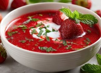 Çilekli soğuk yoğurt çorbası, yaz aylarında sofraların hem hafif hem tatlı ve ferahlatıcı seçeneği olarak öne çıkıyor. Taze çilekler ve yoğurdun birleşimiyle hazırlanan bu çorba, hem lezzeti hem de görselliği ile sofraları süslüyor. Çilekli soğuk yoğurt çorbası, içine eklenen taze nane ve hafif şekerle sofralarda hem aroma hem de renk katıyor. Yaz sofralarında özellikle öğle ve akşam yemeklerinde tercih edilen bu tarif, sağlıklı ve ferahlatıcı bir başlangıç olarak dikkat çekiyor. Konulu bir haber görseli.